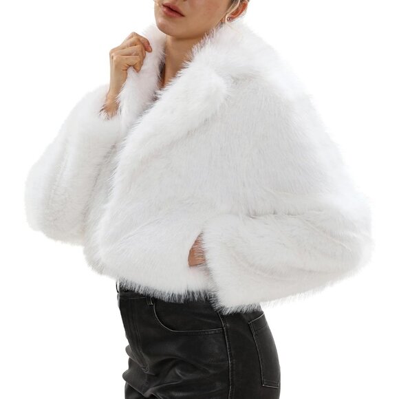 Women's Faux Fur Crop Lapel Jackets Open Front Long Sleeves Coat Pockets White - Picture 2 of 5